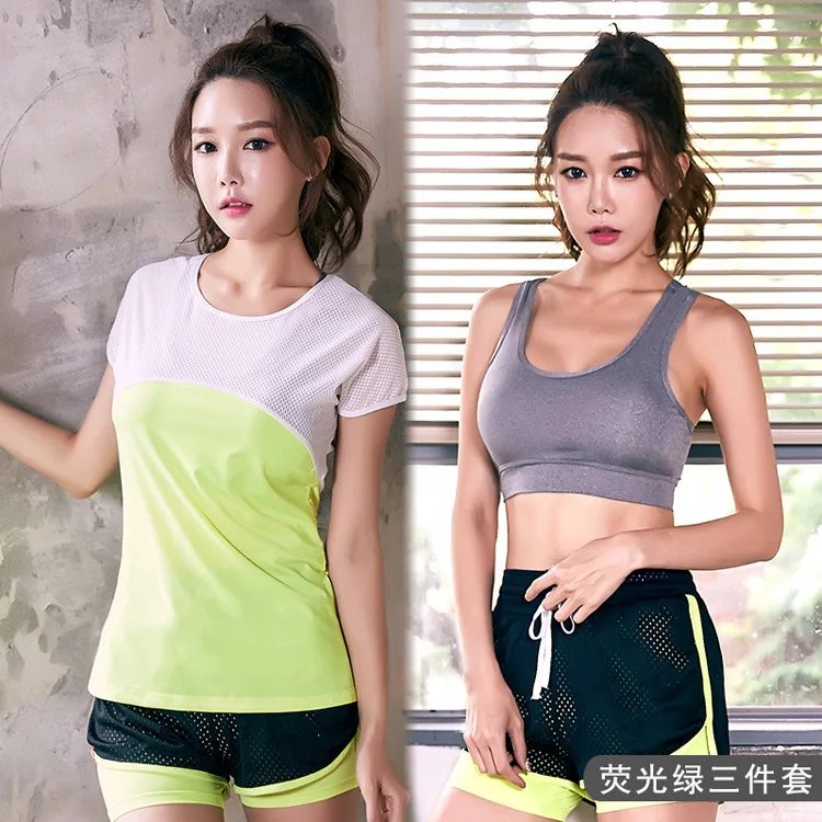 3 pieces green set Женский комплект с футболкой с коротким рукавом, спортивный комплект для йоги, однотонная одежда для фитнеса, розовый и белый топ, спортивная одежда, комплекты одежды, комплект одежды для спортзала - Цвет: 3 pieces green set