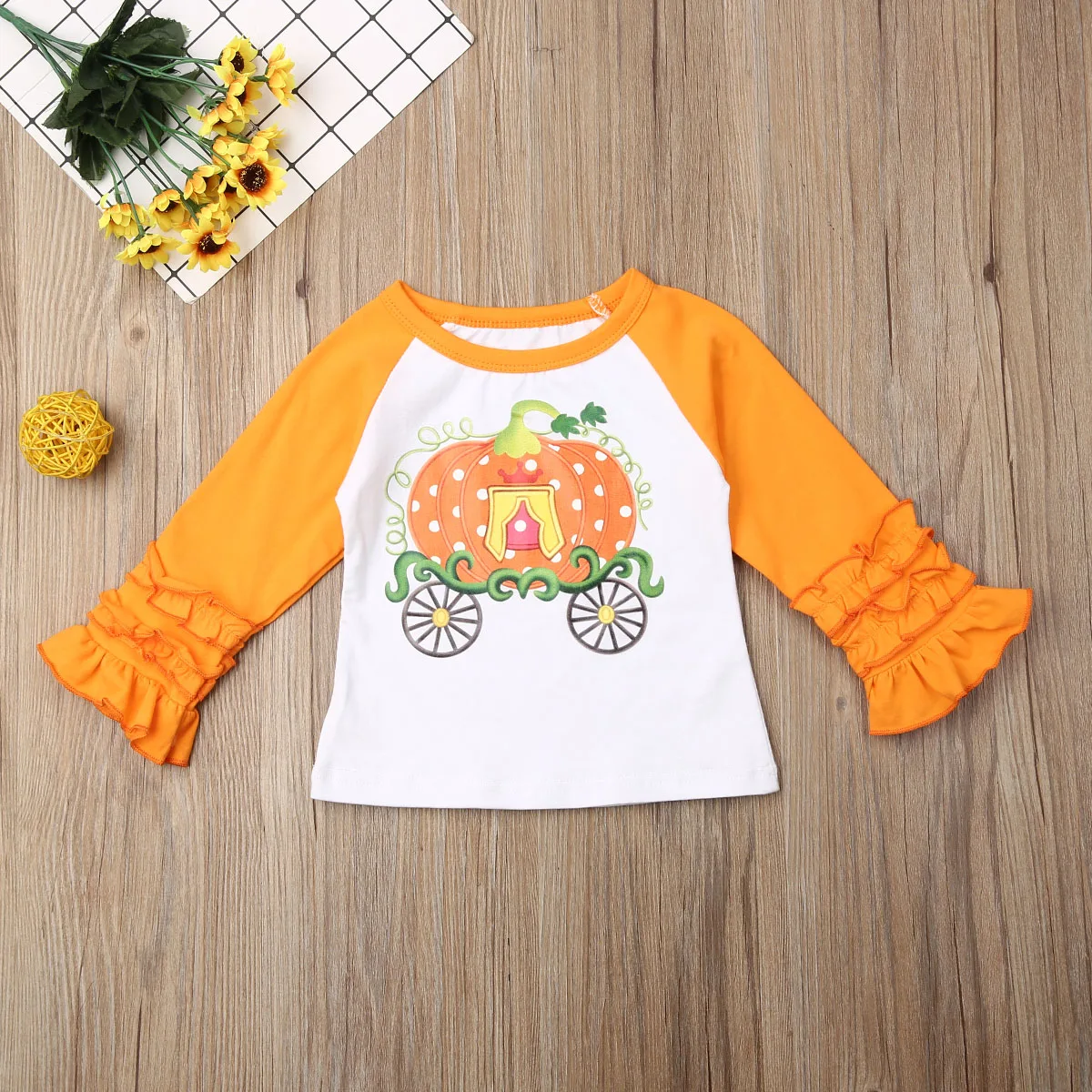 1-6Y Детские футболки для девочек на Хэллоуин футболка с длинными рукавами и тыквой футболка с оборкой повседневная одежда