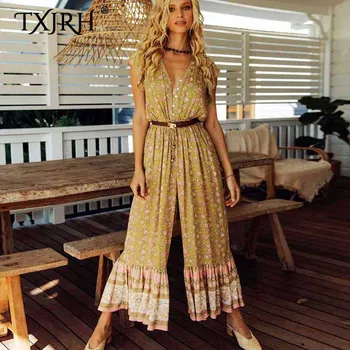 

TXJRH Vintage Bohemia Floral Print V-Neck Button Cascading Ruffles Sleeve Loose Frill Hem Wide Leg Jumpsuit Romper Overalls