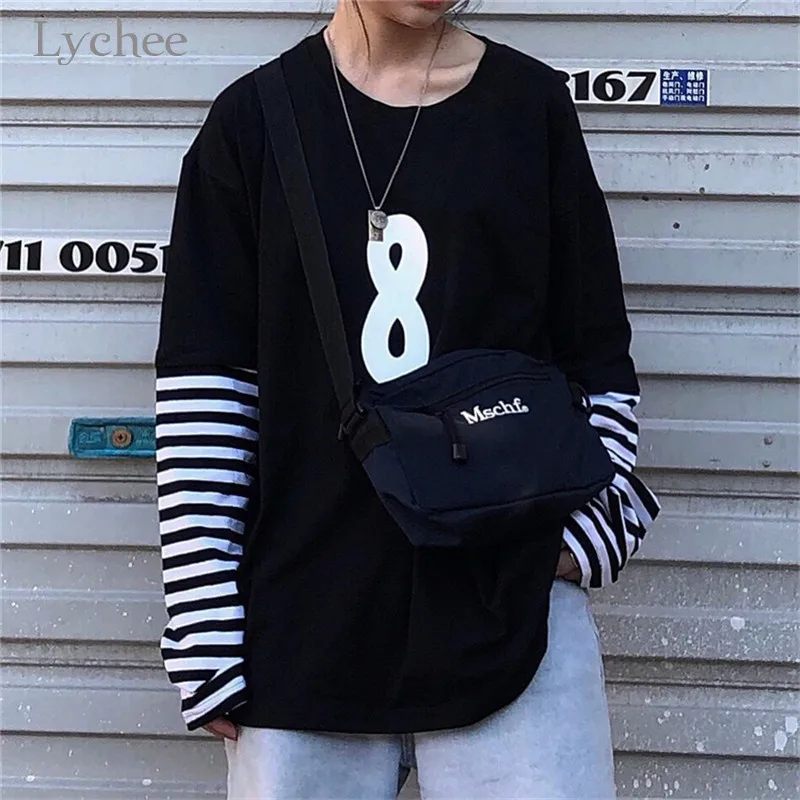 Lychee Harajuku, женская футболка с цифрами, топ, футболка, в полоску, поддельные, 2 штуки, женские футболки, топы, тройники, пэчворк, вырез лодочкой, женские футболки