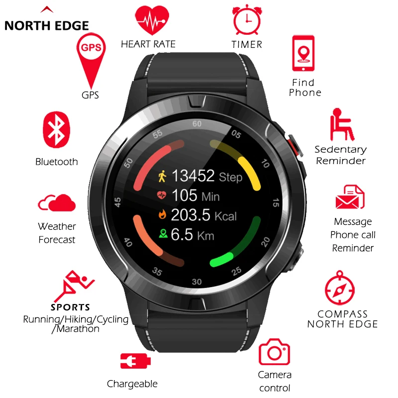 Мужские и женские Смарт часы North Edge GPS Bluetooth телефонные звонки IP67