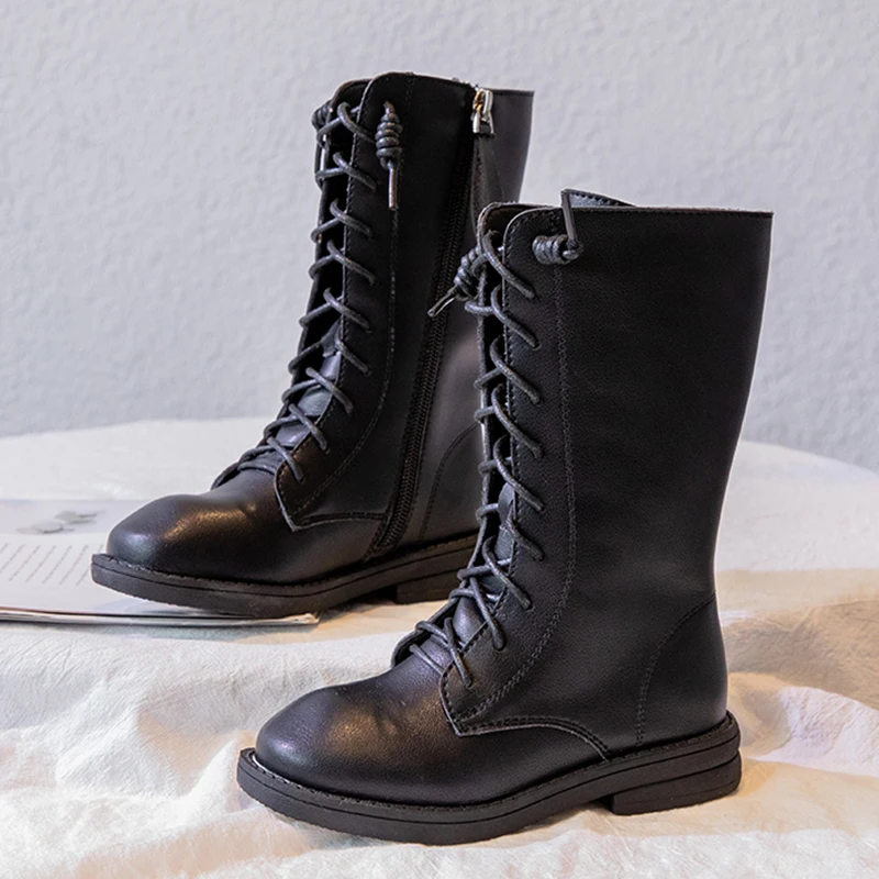 Black RumRam/осенне-зимняя модная однотонная Уличная обувь из натуральной кожи для маленьких девочек; модные ботинки; детская обувь - Цвет: Black