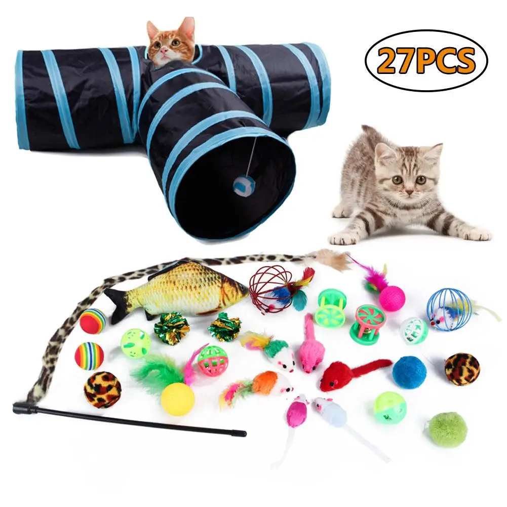 

27PCS Cat Toy Cat Tunnel Collapsible Three-channel Funny Cat Stick Interactive Feather Random Color Little Mouse Ball Bell Set