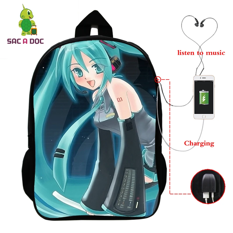 Многофункциональный рюкзак VOCALOID Hatsune Miku, зарядка через usb, разъем для наушников, для ноутбука, для подростков, мальчиков, девочек, школьные рюкзаки для косплея - Цвет: 5