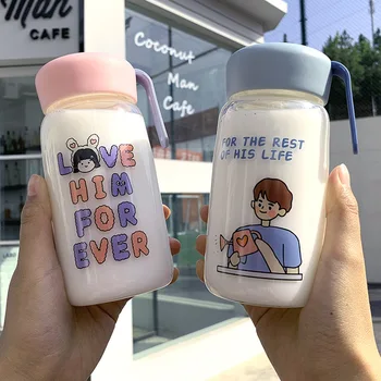 

Fashion Ins Harajuku Wind Glass English Couple Chubby Glass on-Board Portable Handle Glass Tea Cup