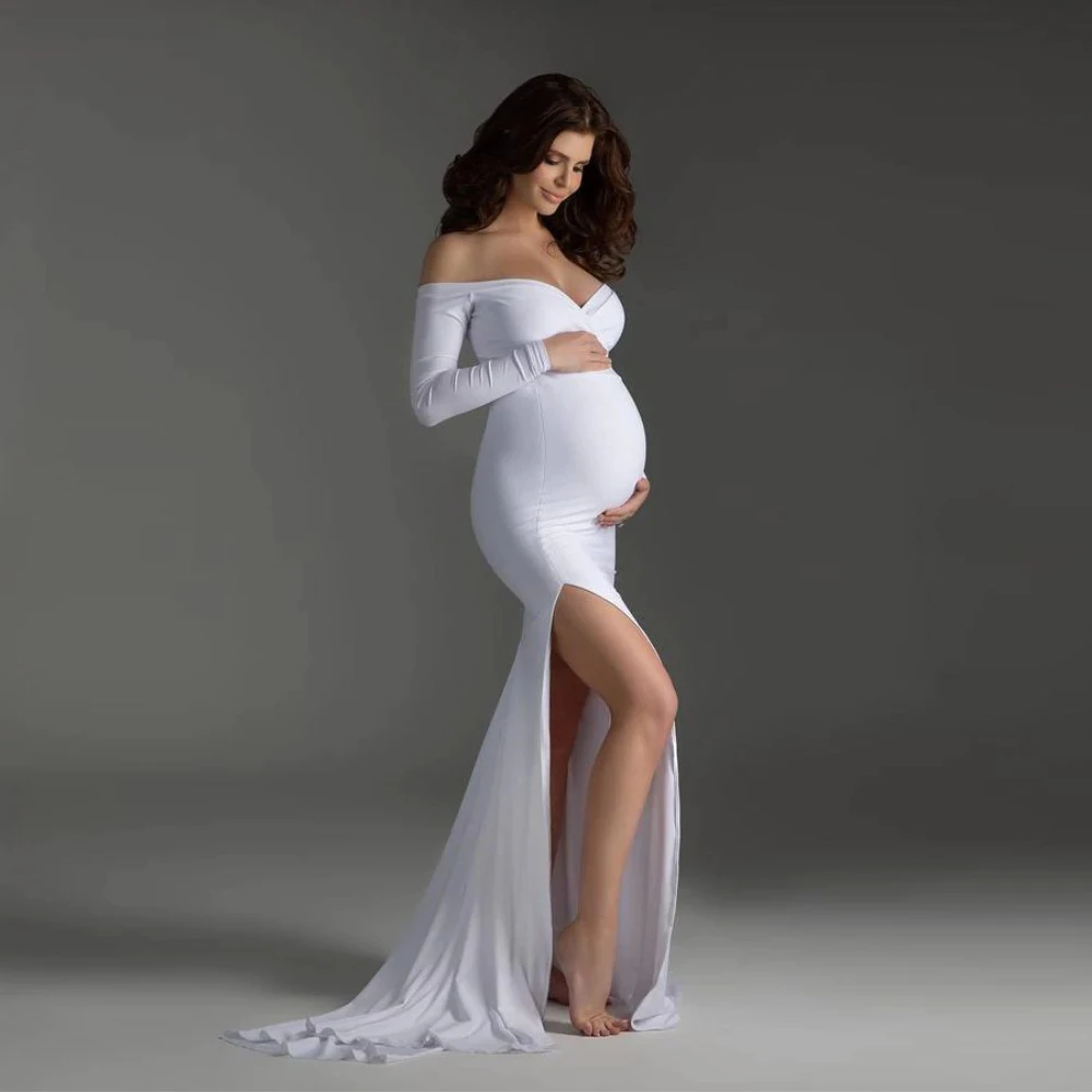 Photography Props Maxi-Gown Pregnancy-Dress Long Shoulderless Maternity Women for Split-Side