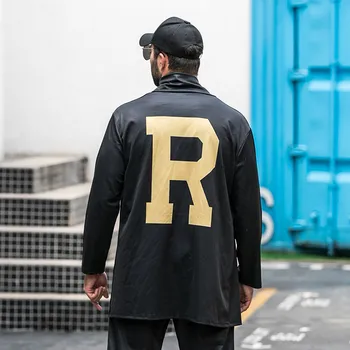 

Large size cardigan men's letters in the long section of the tide fat windbreaker cloak jacket plus fertilizer to increase