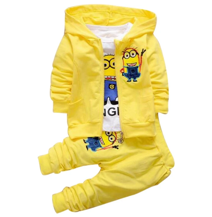Boys Clothing Set Spring and Autumn Cartoon Boys and Girls Clothes Set Hooded Jacket+ Shirt+ Pants 3 Piece Set - Color: yellow
