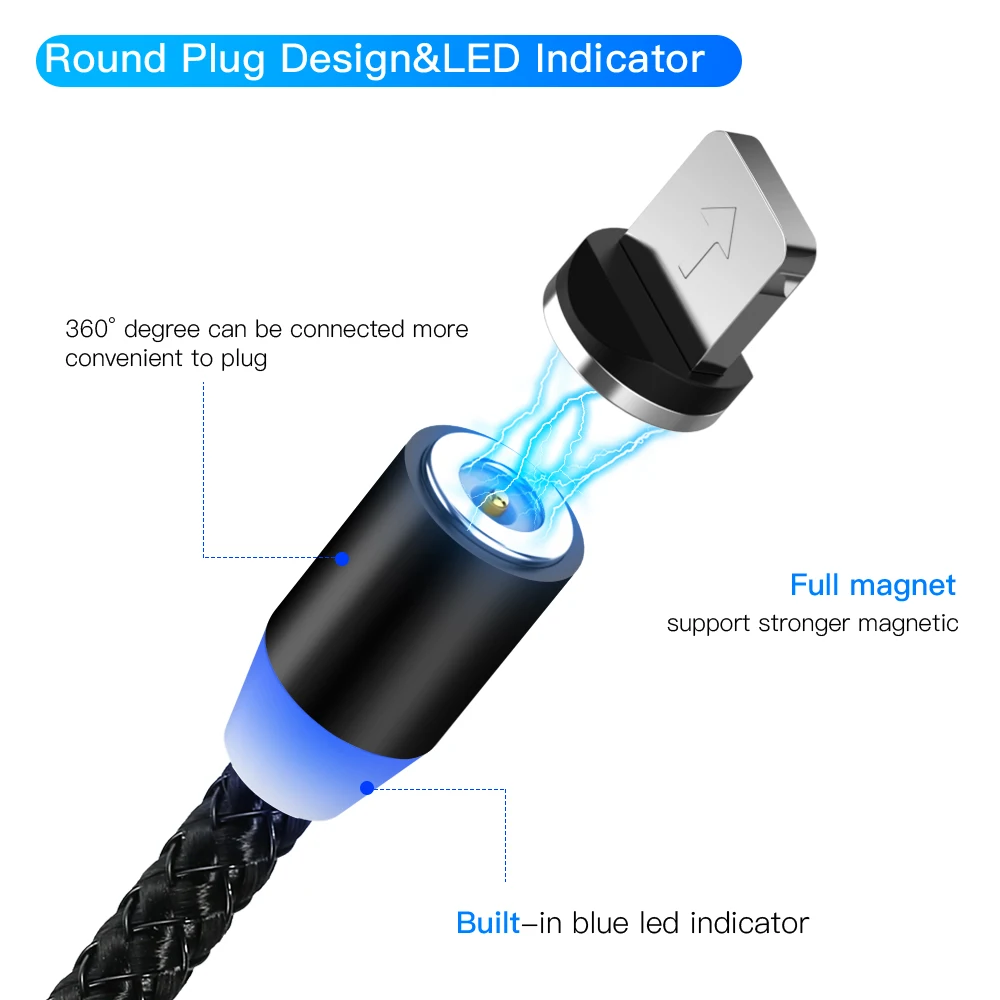 Магнитный кабель Micro USB Тип C 8 Pin для iPhone Lighting 1 м 2 провод быстрой зарядки Type