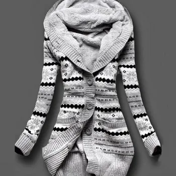 

Women Winter Thick Hooded Cardigans Sweaters Fleece Warm Solid Loose Knitted Coat Long Sleeve Knitwear Outerwear Fleece Jacket