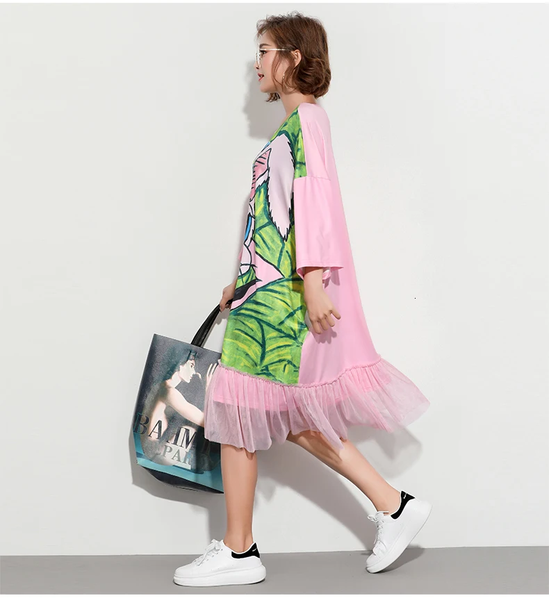 Vefadisa Patchwork Draped Lace Dress Cartoon Rabbit T-Shirt Dress Women Sequin Knot Knee Length Dress One Size T Shirt ZLD667