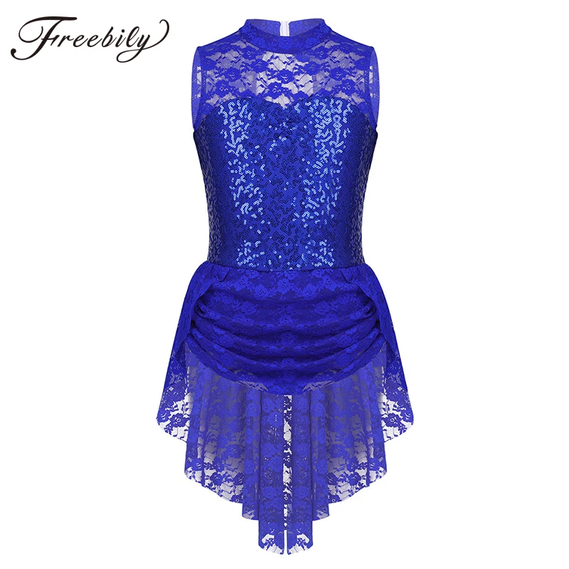 

Girls Professional Ballet Tutu Dress Floral Lace Sequins Keyhole Back Figure Ice Skating Dress Performance Competition Costumes