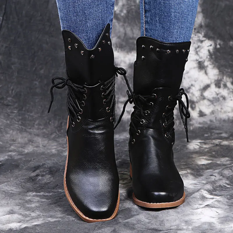 Women Flat PU Cowboy Leather Boots Female Cross-tie Rivet Mid-Calf Boots Ladies Low Square Heel Shoes