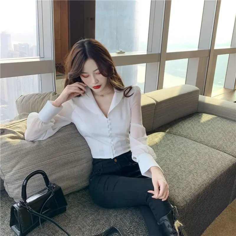 Shirts Women Solid Turn-down Collar Ins Abdomen Cropped Leisure Korean Style Fashionable Ladies Blouses Long Sleeve Stylish Chic