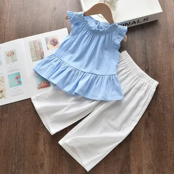 

костюм женский летний baby girls clothes Children Baby Girls' Casual Pure Color Ruffle Sleeveless Tops+Wide Leg Pants Set
