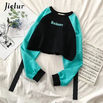 

Jielur Punk Style High Waist Cropped Hoodie Women Hit Color Patchwork Female Sweatshirt Boyfriends Ribbon Cool Streetwear S-XL
