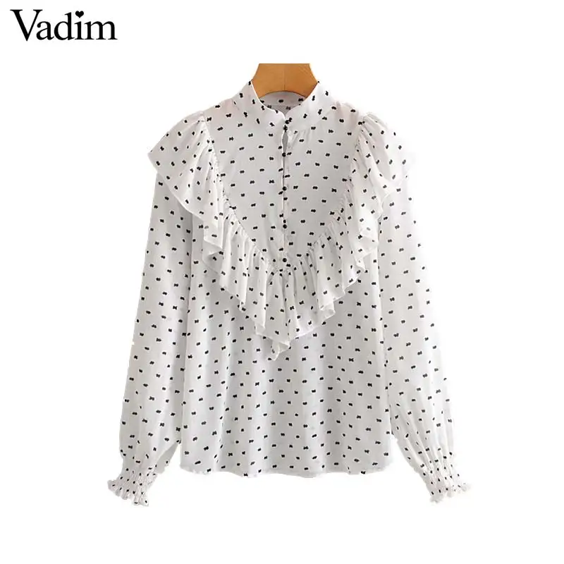 Vadim милый женский белый с принтом оборками длинным рукавом шифоновые рубашки