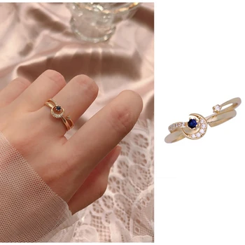 

Leven Fancy Silver Sterling 925 Blue Zircon Star Moon Two-in-one Stack Open Ring for Girls Women Jewelry Gift Golden Cz Rings