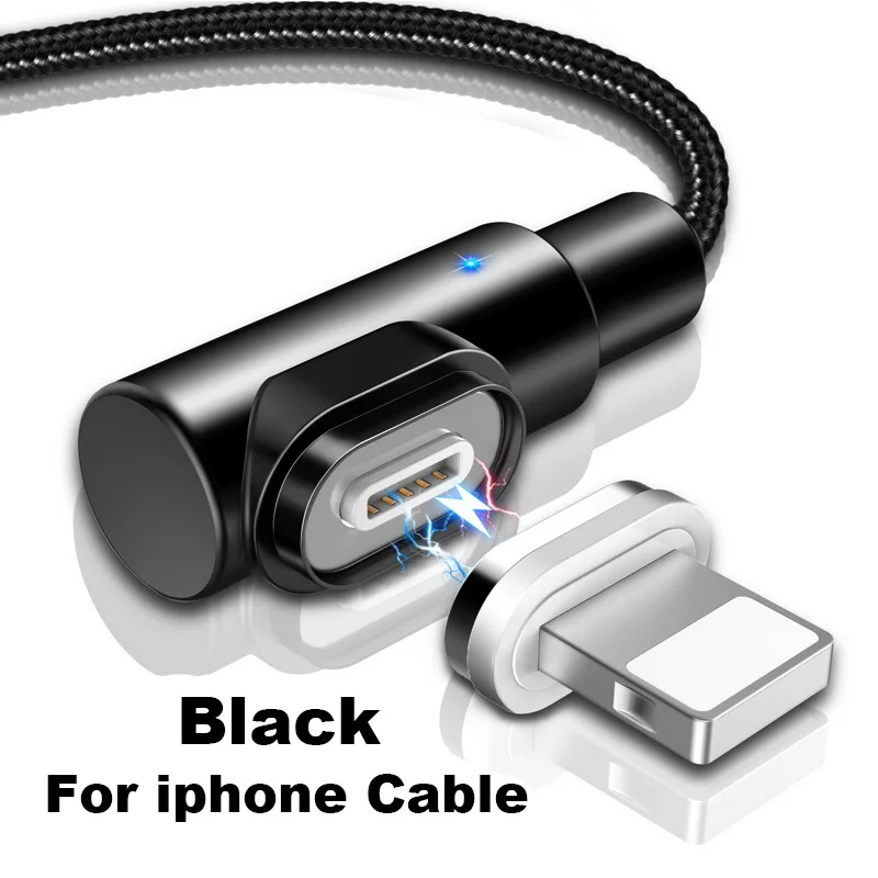 Black For iphone Магнитный usb кабель для зарядки 90 градусов 3 а быстрый для iphone 8 pin/Micro USB/type C быстрое зарядное устройство для samsung Android Phone шнур для передачи данных - Цвет: Black For iphone