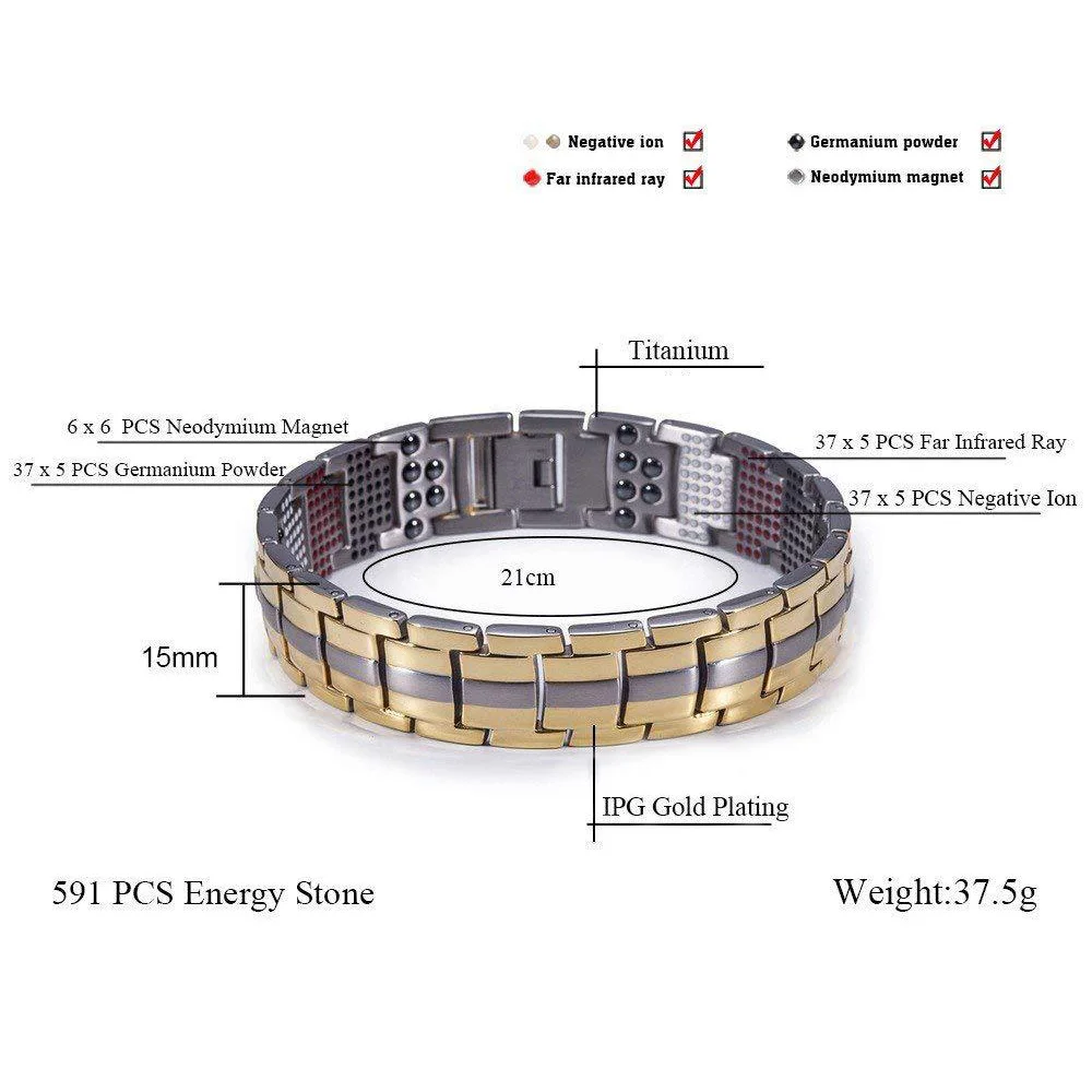 FINE4U B390 Double Row Strength 4 Element Titanium Magnetic Therapy Bracelet For Arthritis Pain Relief