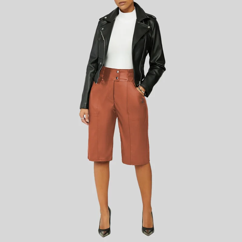 biker shorts women New Design Women Knee Length Leather Pant Casual Solid PU Sexy Office Trousers For Women Capris leather shorts