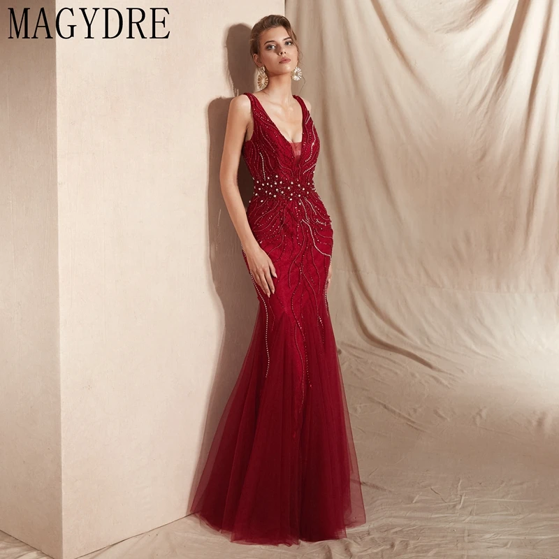 Русалка вечернее платье Бисероплетение v-образным вырезом длинное платье с открытой спиной Длина пола без рукавов сексуальное платье