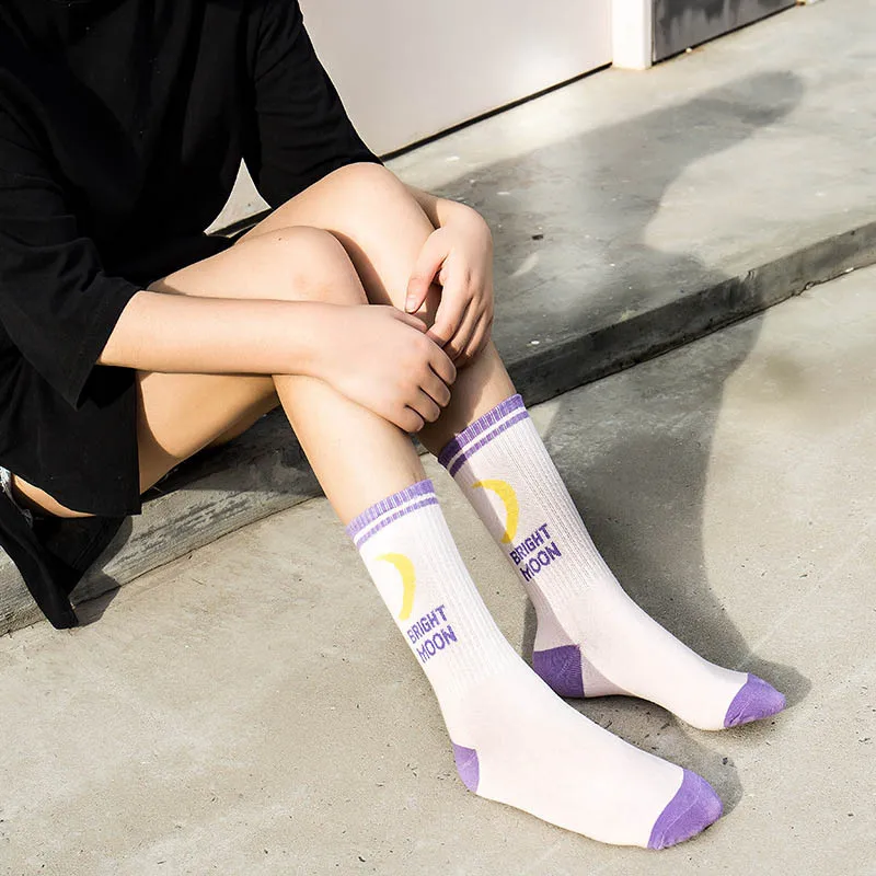 5 Pairs Women Lady Socks Moon Letters Elasticity Breathable Cute Cotton Fabric TH36
