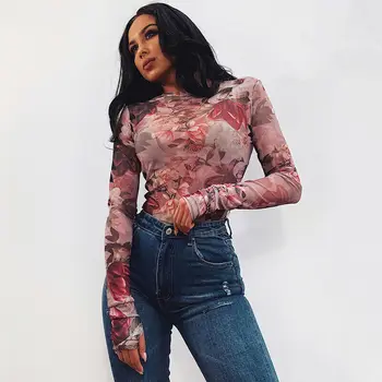 

Women Sexy Long Sleeve Jumpsuits Bodysuit Floral Print Jumpsuit Ladies Elegant Casual O-Neck Bodycon Sheath Transparent Rompers
