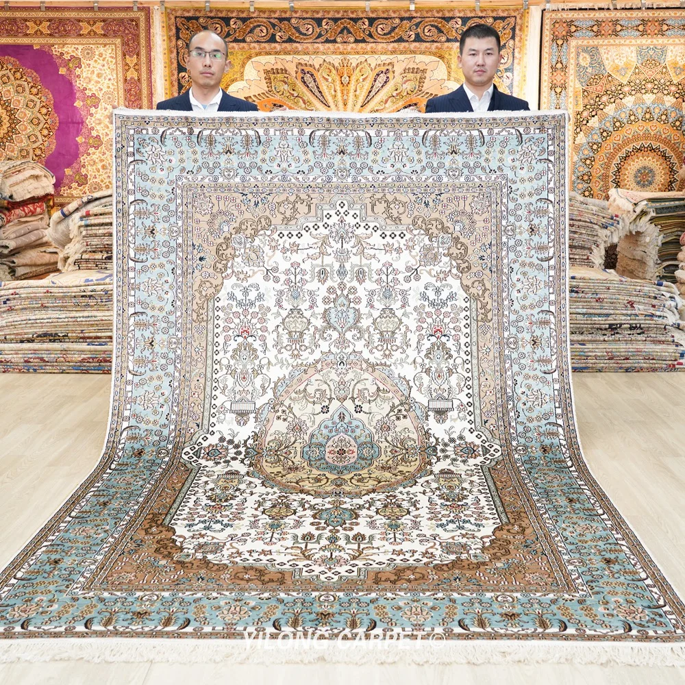 

Восточный шелковый ковер 6 'x 9', персидский шелковый ковер ручной работы с медальонами цвета слоновой кости (ZW055M)