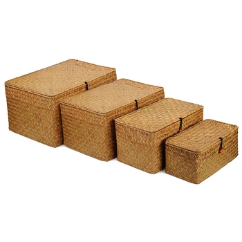 

Seagrass Storage Baskets with Lids, Woven Rectangular Basket Bins, Wicker Storage Organizer for Shelf, Set of 4