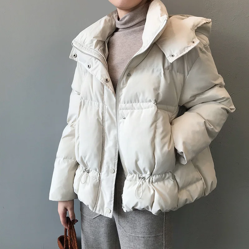 Теплая зимняя короткая куртка женская модная парка с хлопковой подкладкой Harajuku пальто с капюшоном Женская однотонная верхняя одежда с завязками
