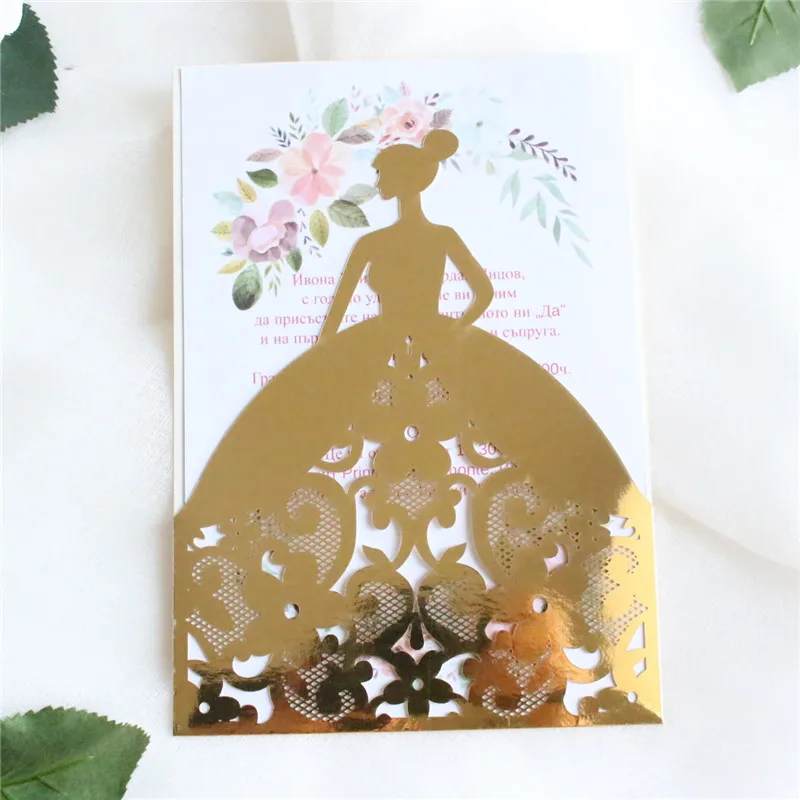 metallic gold Свадебное приглашение сохранить день подарочная карта конверт с лазерной резкой на заказ Печать 50 шт - Цвет: metallic gold