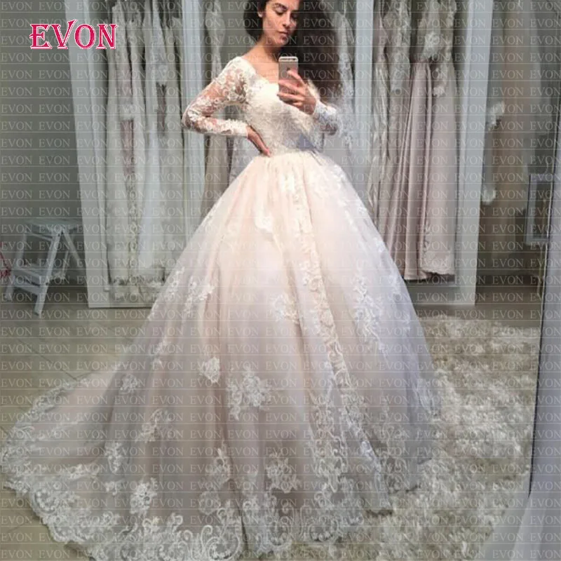 Мусульманское платье принцессы Vestido De Noiva бальное свадебное платье Элегантный Совок с длинными рукавами кружевное свадебное платье Robe De Mariee