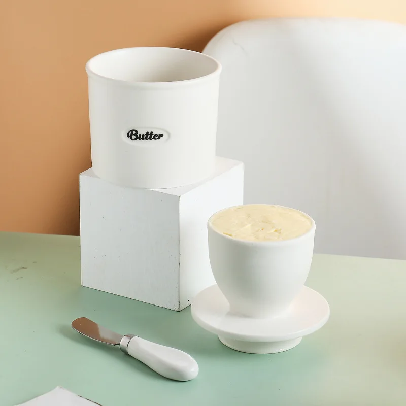 Western-style Ceramic Butter Pot Condiment Pot Cheese Sealed Storage Tank with Cutter Set 1PC Household Restaurant