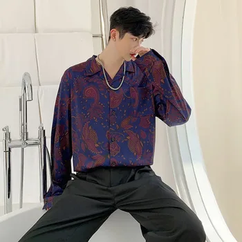 

Men Fashion Long Sleeve Loose Vintage Print Casual Shirt Male Streetwear Hip Hop Beach Flower Shirt