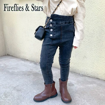 

Spring Autumn girls jeans baby denim pants kids trousers children bottoms streetwear irregular side button skinny 2 to 7 yrs