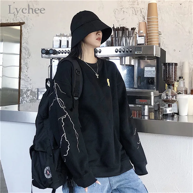 Lychee Harajuku, Женская флисовая толстовка с вышивкой молнии, весенне-осенние дамские свитшоты, повседневные свободные женские топы с вырезом лодочкой