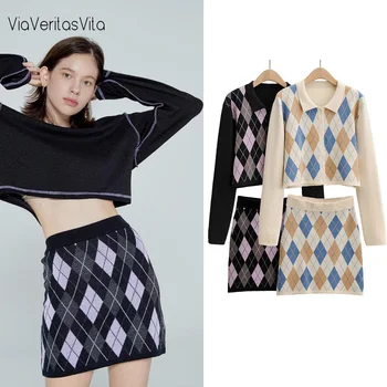 

Women Suit Set Argyle Knit Cardigan Sweater Skirt Suit Set For Women Preppy Style Sweaters For Girls Balckpink Thick Tops Autumn