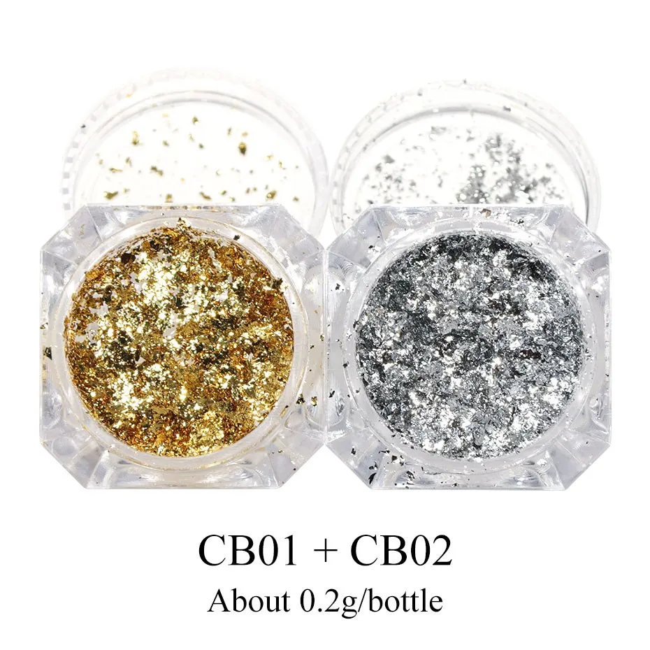 CB01 CB02 0,2 г голографический блестящий порошок дизайн ногтей зеркало фейерверк блестки Золото Серебро Фольга пиллетт нерегулярные чешуйки ногтей Декор LYCB01/02 - Цвет: CB01 CB02