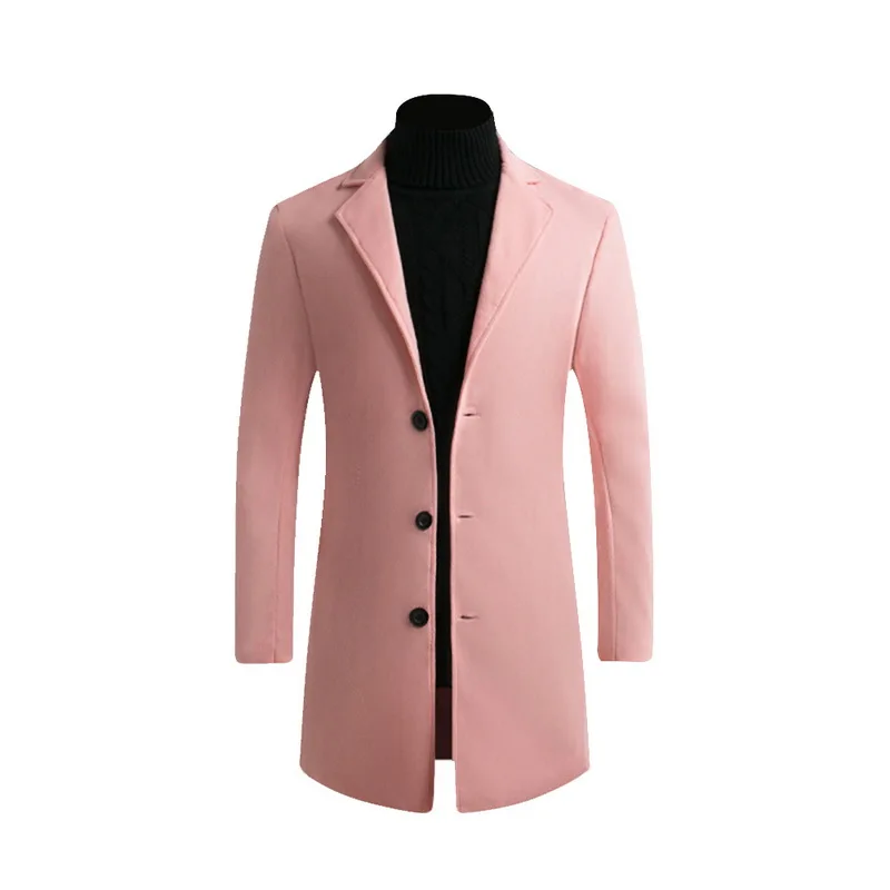 Pink B Новое модное мужское шерстяное пальто, зимнее теплое одноцветное длинное пальто, мужской однобортный деловой Повседневный плащ, парка - Цвет: Pink B