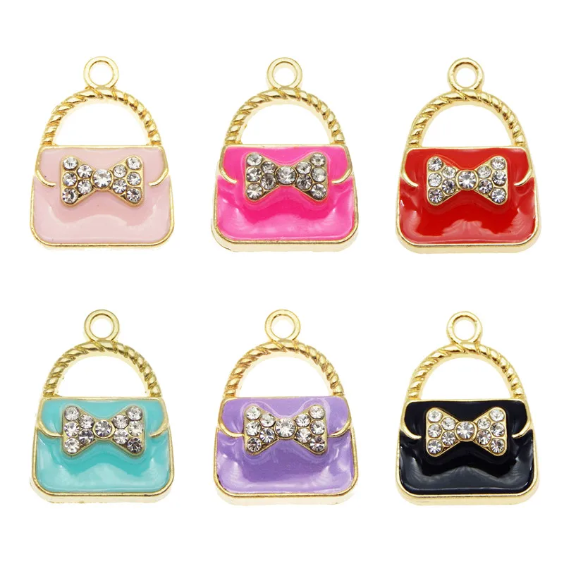 

6pcs handbag shape pendant Bow Crystal Enamel Alloy Charms fashion Package Dec women Jewelry earrings necklace keychain bracelet