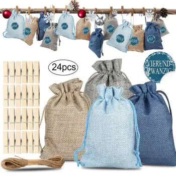 

24PCS/SET Christmas Advent Calendar Countdown Bag Hanging Candy Gift Sacks Pouch With Clips Stickers Rope Christmas Decoration