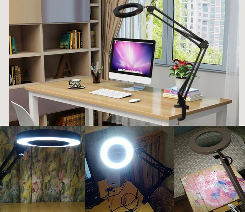 Lighting LED 5X Magnifying Glass Desk Lamp with Clamp Hands USB-powered LED Lamp Magnifier with 3 Modes Dimmable