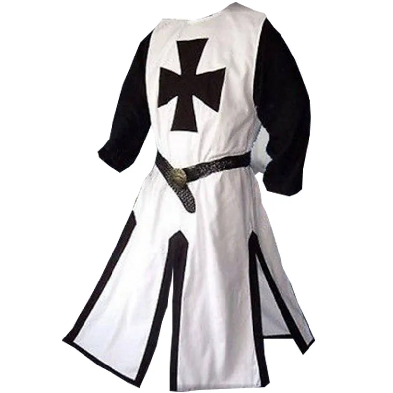 Knight Templar Crusader Costume for Men, Medieval Warrior Tunic with Cross Tabard, Belted Surcoat Gown Shirt, Plus Size 3XL 4XL image 3