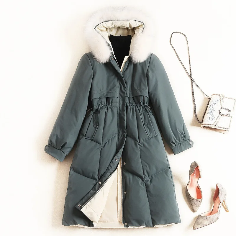 Big Real Fox Fur Collar Winter Down Jacket Women Hooded White Duck Down Jacket Warm Female Long Slim Down Parka Women Coat