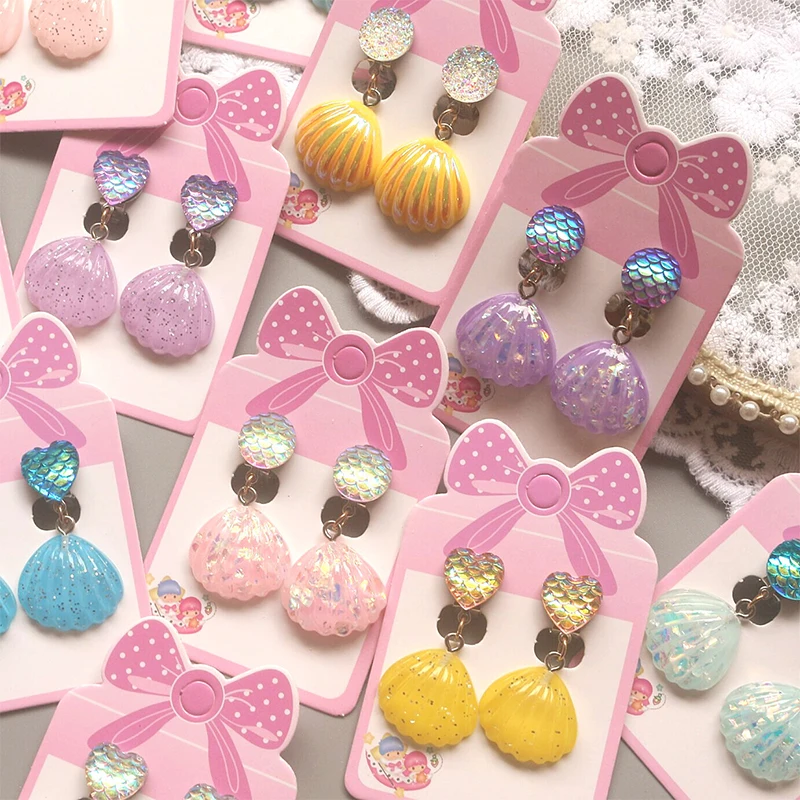 Cute Korean No Pierced Clip on Earrings with Shell Mermaid Scales Designs for Women Girls Kids Play Earrings Jewelry Accessories with ear clip earrings clip earrings ear clip ear accessories