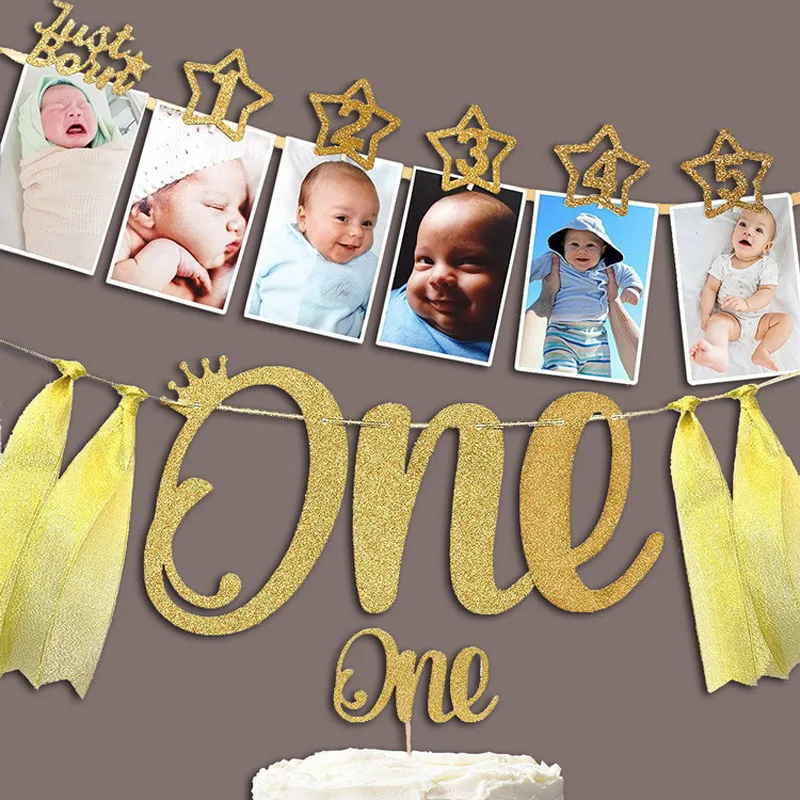 Новейший 1 комплект для детей 0-12 месяцев фото плакат с зажимом для детского душа Золотой баннер 1-й День рождения украшения мультфильм шляпа