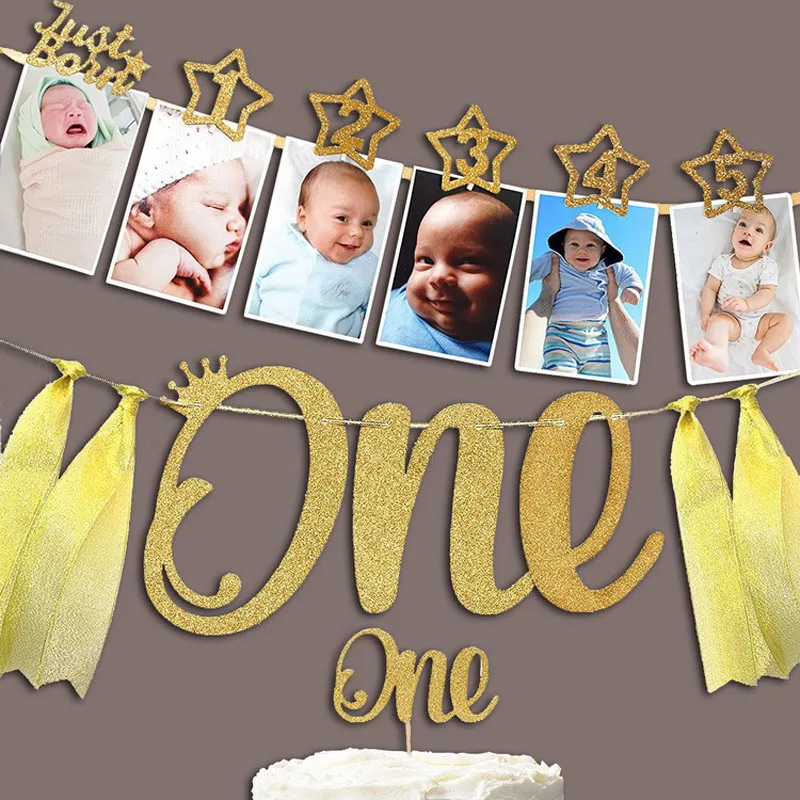 

1set 0-12 Month Baby Photo Banner With Clip Baby Shower Gold Banner 1st Birthday Party Decorations Cartoon Hat