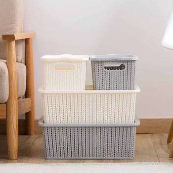 

Large Storage Box Bin With Lid Imitation Rattan Boxes Hollow Storage Basket For Clothing Toy Snacks Closet Organizer