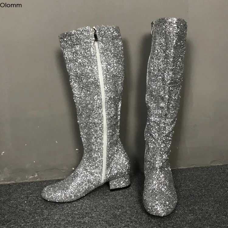 Olomm New Fashion Women Knee High Glitter Boots Square Low Heels Boots Round Toe Silver Club Wear Shoes Women Plus US Size 5-15